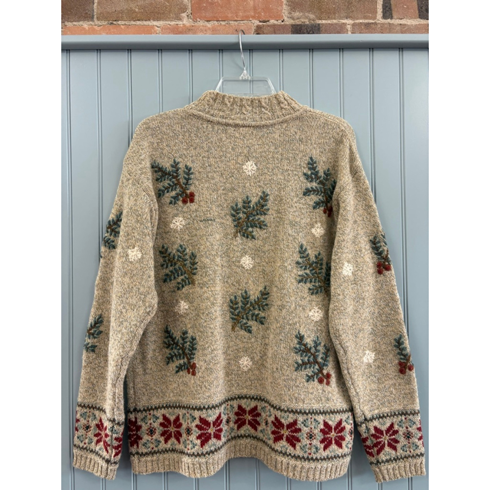 Women's Talbots Beige Wool Crew Neck Sweater M with Red & Green Accents - Picture 2 of 8
